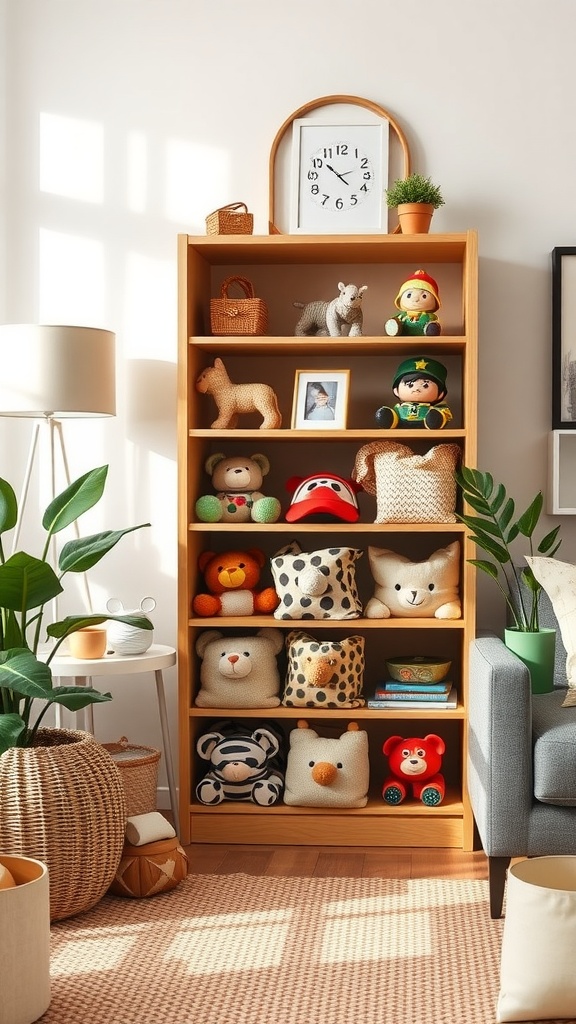 A wooden shelving unit with organized toys and decorative items in a bright living room playroom combo.