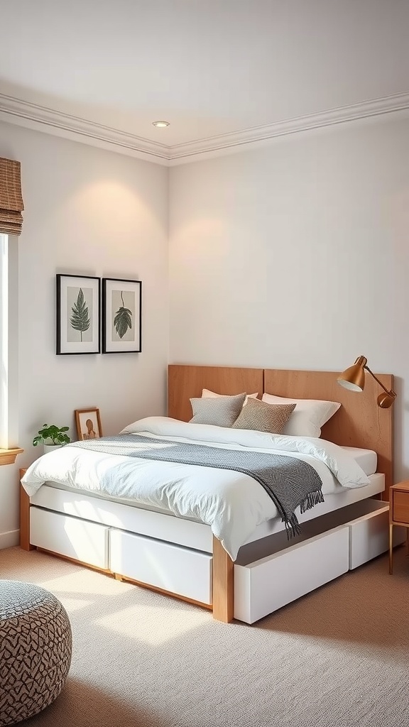 Cozy corner bed with storage drawers underneath, featuring a wooden headboard and soft bedding.