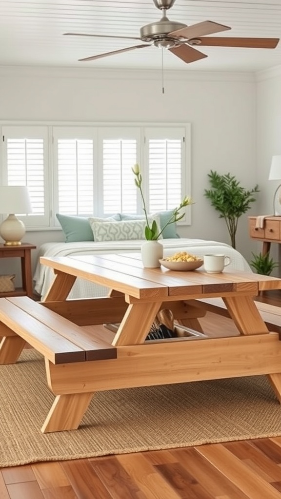 A low wooden picnic table with benches, featuring a cozy indoor setting.