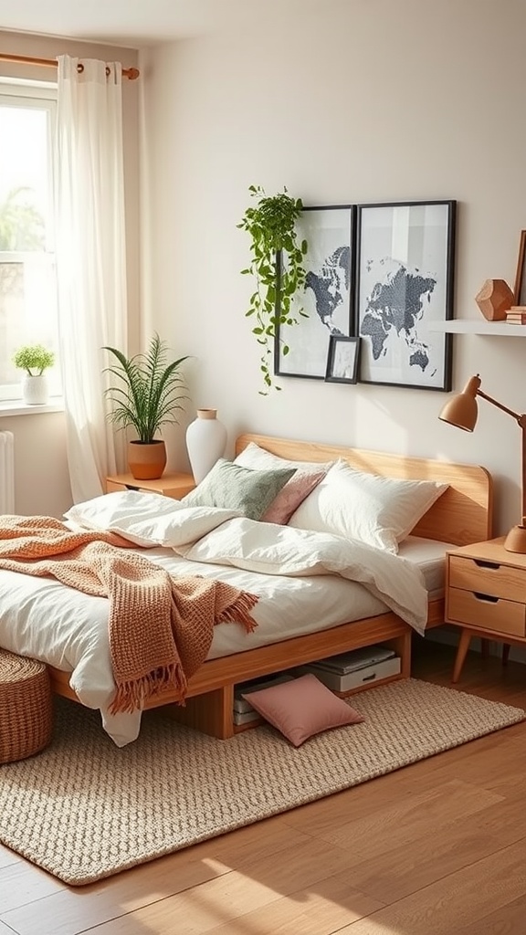 A cozy bedroom with a floor bed featuring storage underneath, decorated with plants and warm colors.