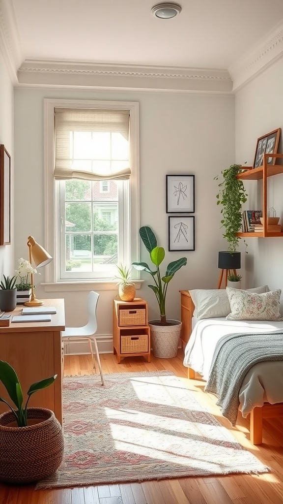 A cozy shared bedroom for kids with a study area, plants, and a comfortable bed.