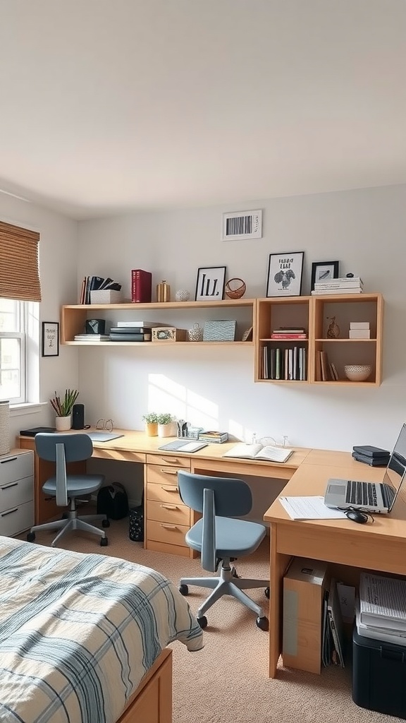 A shared bedroom with twin beds and study zones featuring desks and chairs.