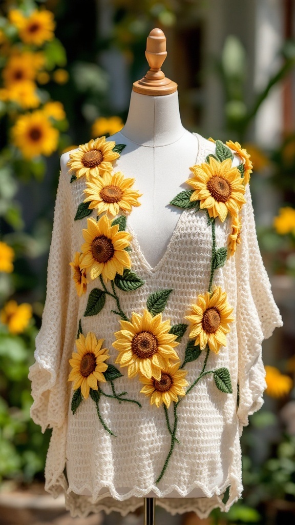 A crochet top featuring sunflowers, with a creamy background and vibrant yellow flowers.