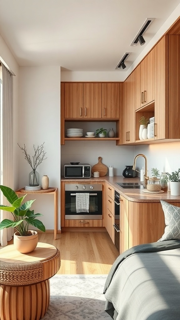 A cozy apartment kitchen with wooden cabinets, plants, and modern appliances.