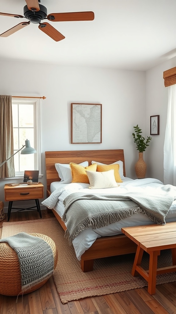A stylish and cozy bedroom featuring wooden furniture, neutral bedding, and a plant.