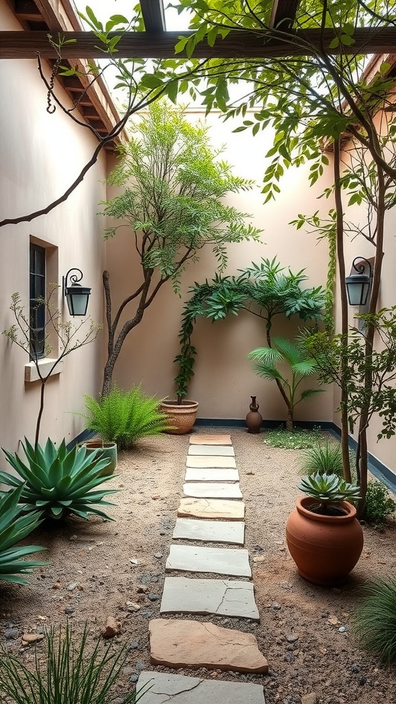 A serene Mediterranean courtyard garden featuring stone pathways, lush plants, and terracotta pots.