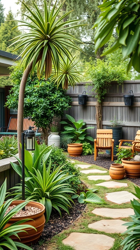 A landscaped backyard with a stone path, potted plants, and seating areas surrounded by greenery.