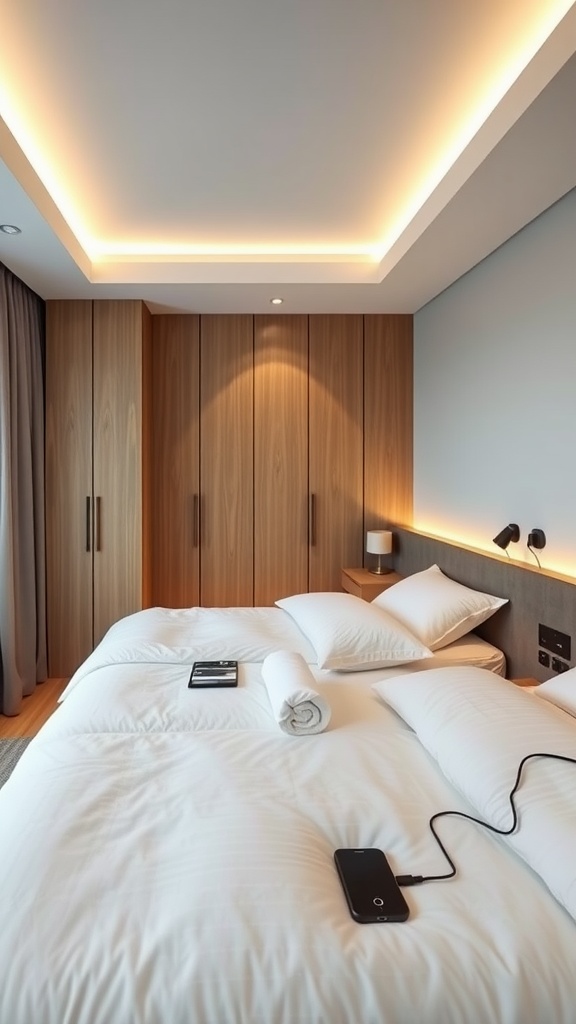 Cozy modern guest bedroom with charging station and mood lighting