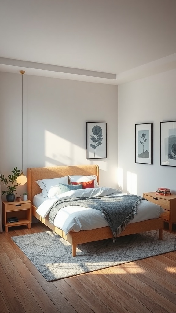 A cozy small bedroom with a bed, plants, and framed artwork