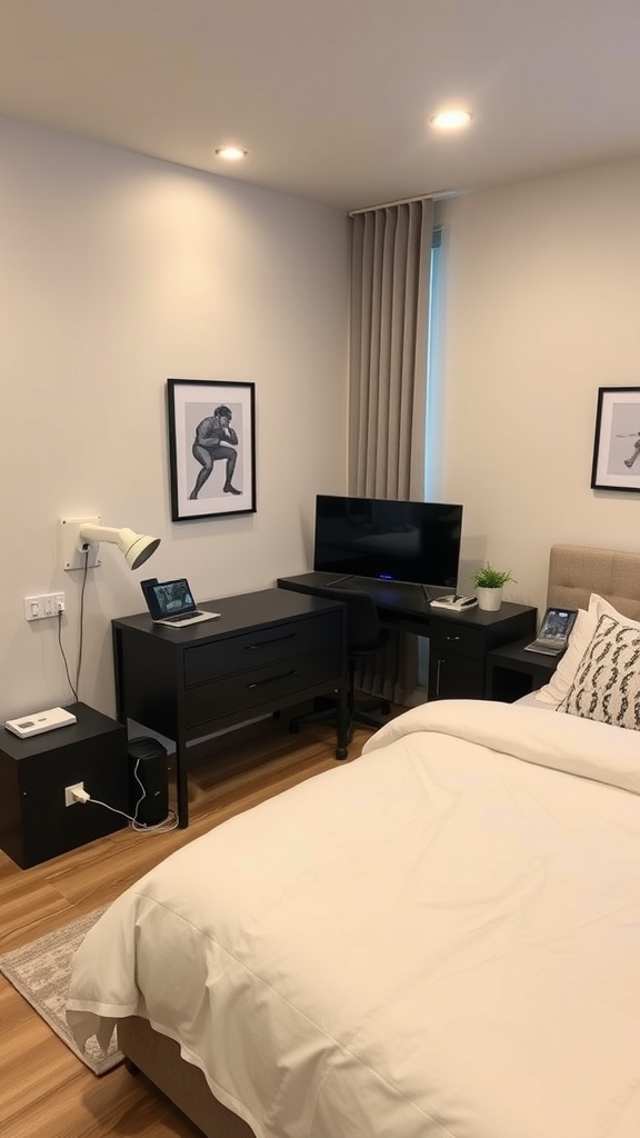 A shared bedroom featuring a desk with two laptops, a TV, and warm lighting.
