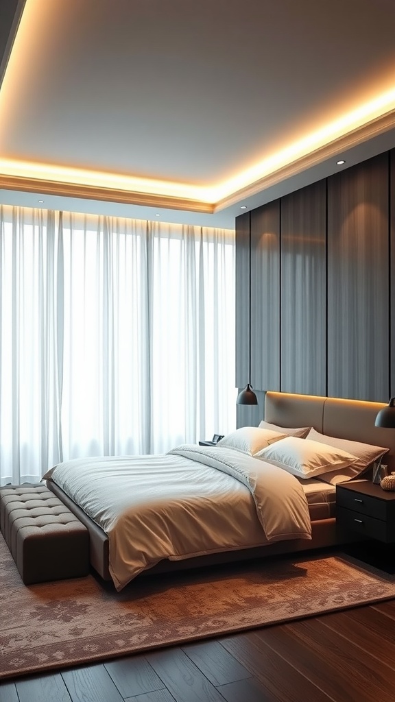 A modern luxe bedroom featuring soft lighting, a cozy bed, and minimalistic decor.