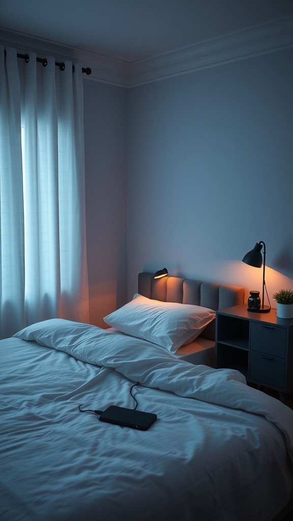 A cozy guest bedroom with soft lighting, a neatly made bed, and a bedside charging station.