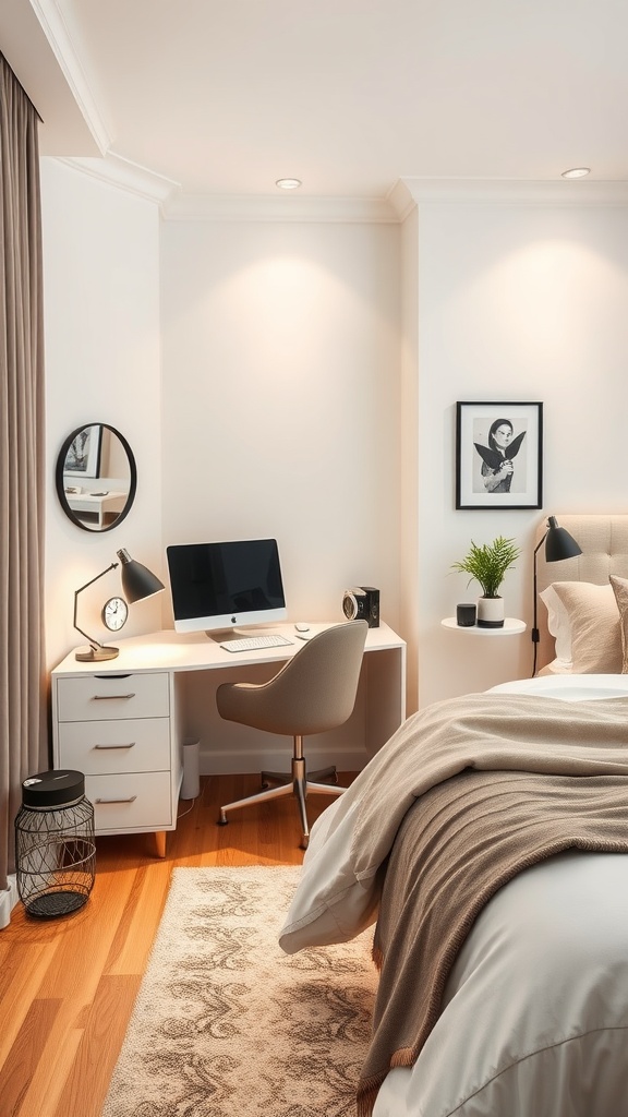 A stylish bedroom office combo featuring a modern desk with a computer, a comfortable chair, and cozy decor.