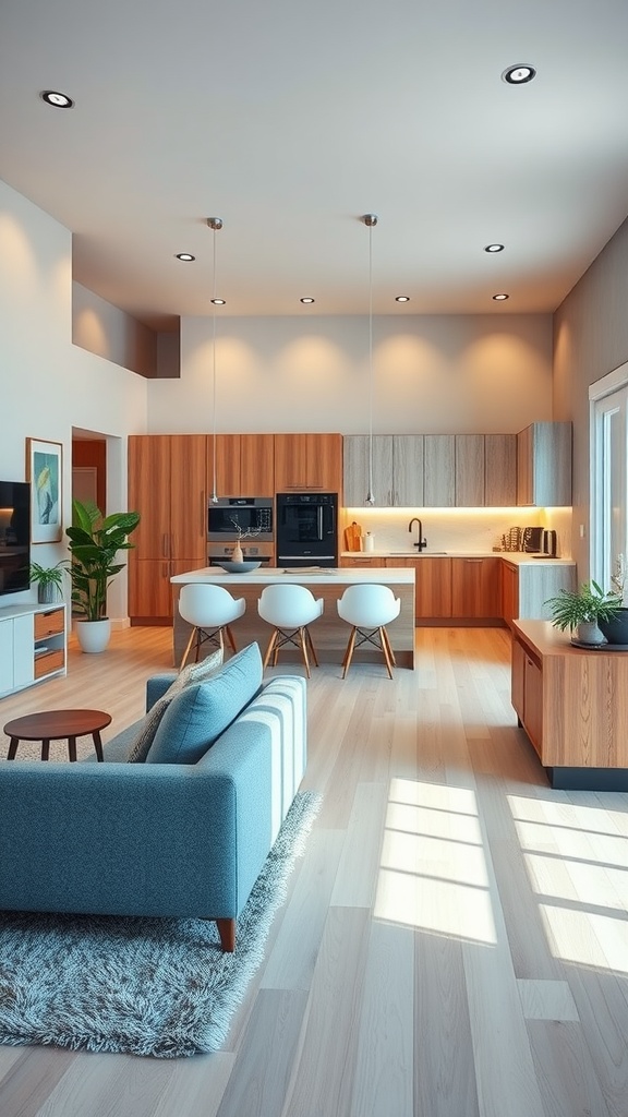 A modern open space living room and kitchen with wooden cabinetry and a cozy blue sofa.