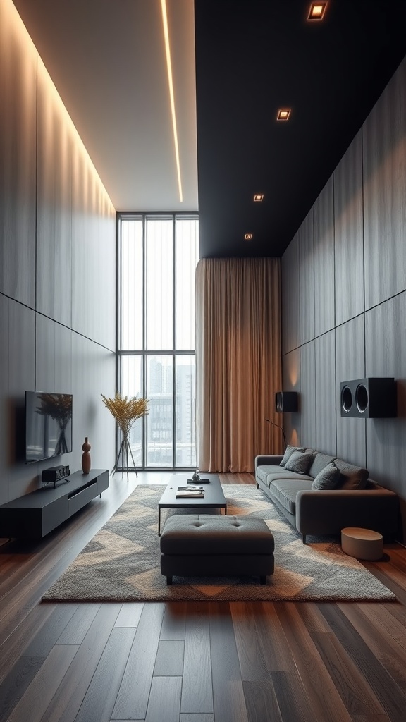 A modern long rectangle living room with a sleek setup, featuring a wall-mounted TV, integrated lighting, and a stylish furniture arrangement.
