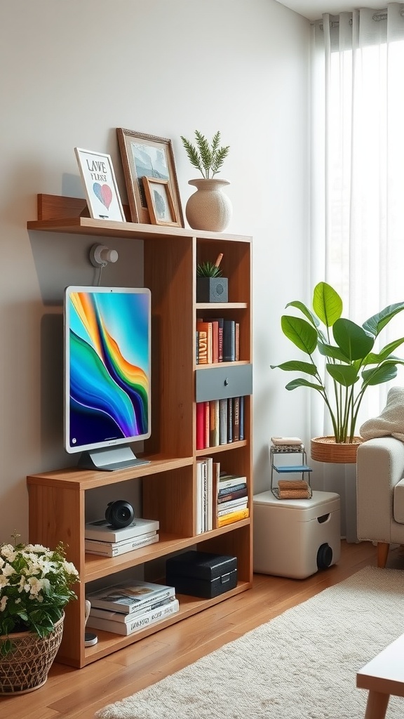 A modern kids bookshelf featuring books, a computer, and decorative elements