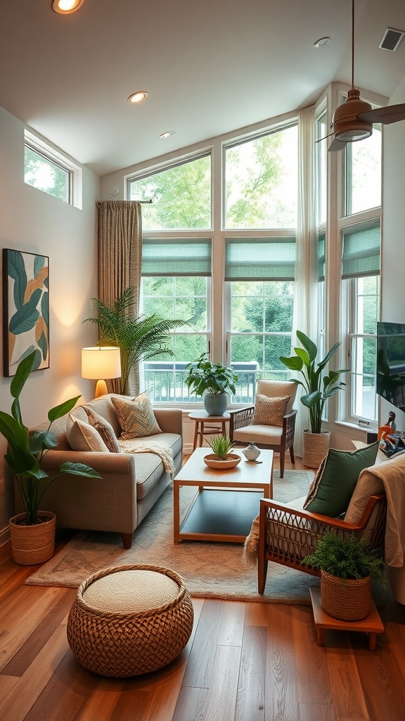 Cozy family room with plants, comfortable seating, and natural light