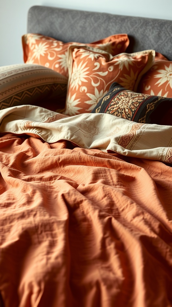 A cozy bed with terracotta bedding and decorative pillows in warm tones.