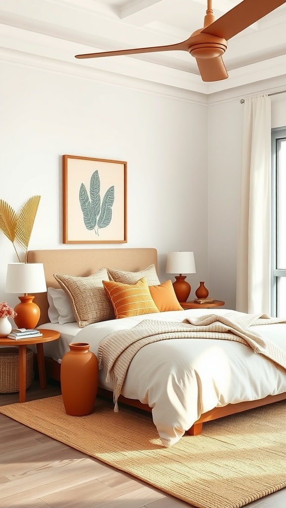 A cozy bedroom featuring terracotta accessories, including vases, pillows, and a warm color palette.