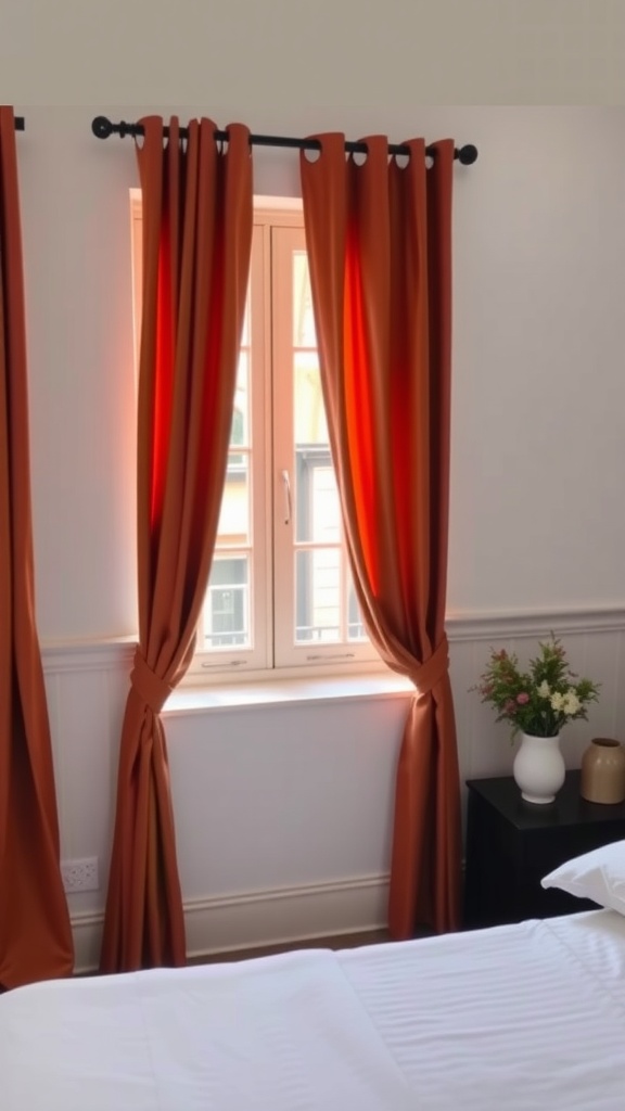 Terracotta curtains framing a window in a cozy bedroom setting