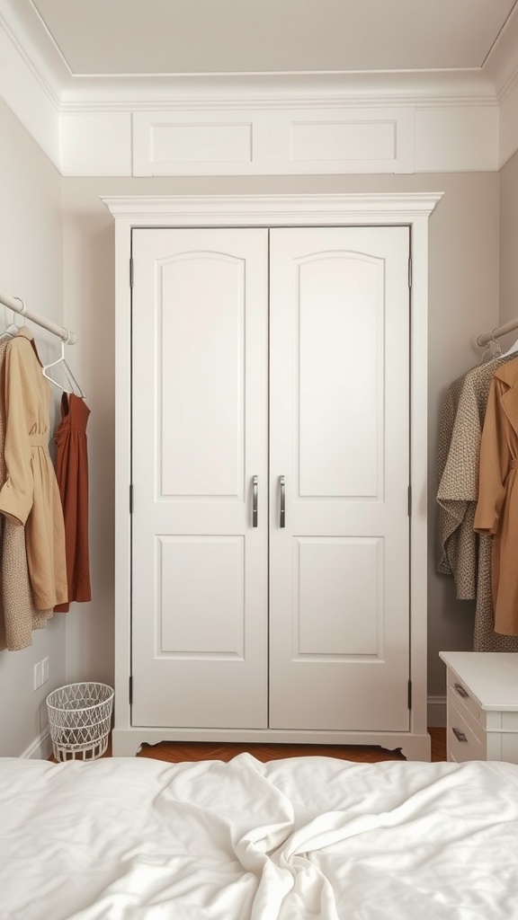 Small bedroom with a wardrobe, bed, and hanging clothes