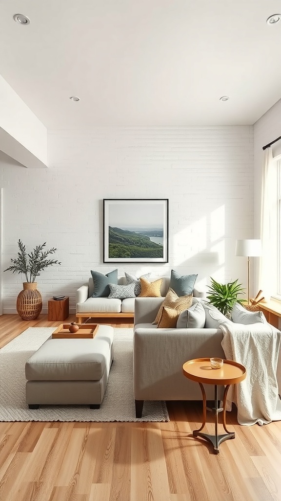A bright living room with a textured wall, cozy furniture, and natural light.
