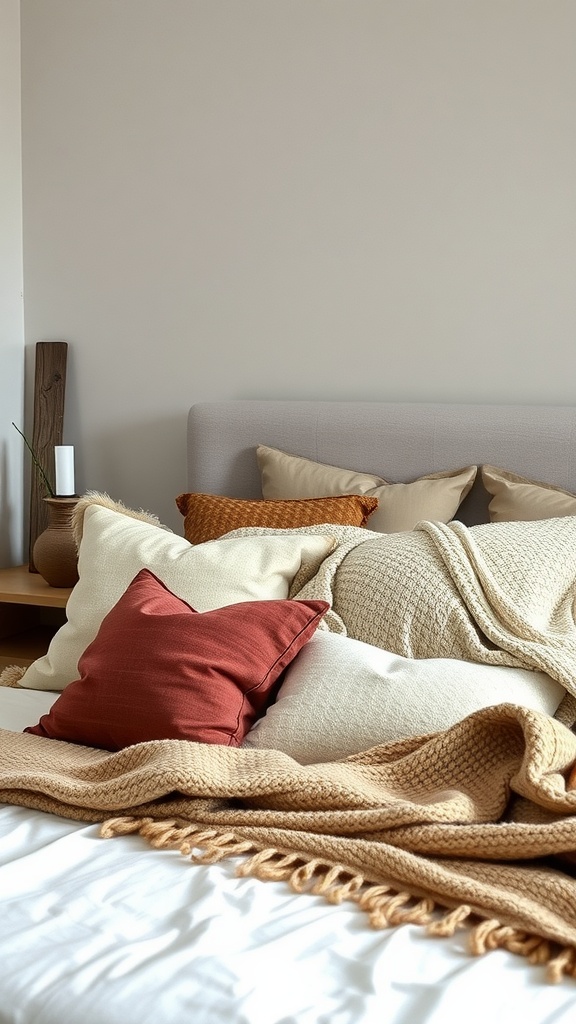 Cozy bedroom with a bed covered in layered pillows and a knitted throw blanket