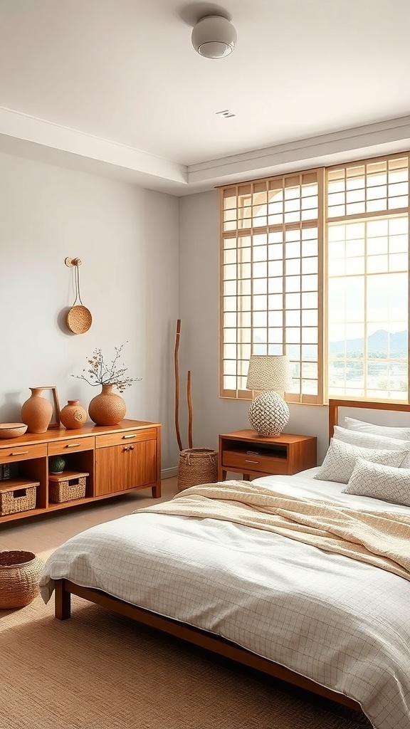 A cozy Korean bedroom featuring wooden furniture, pottery, and woven baskets.