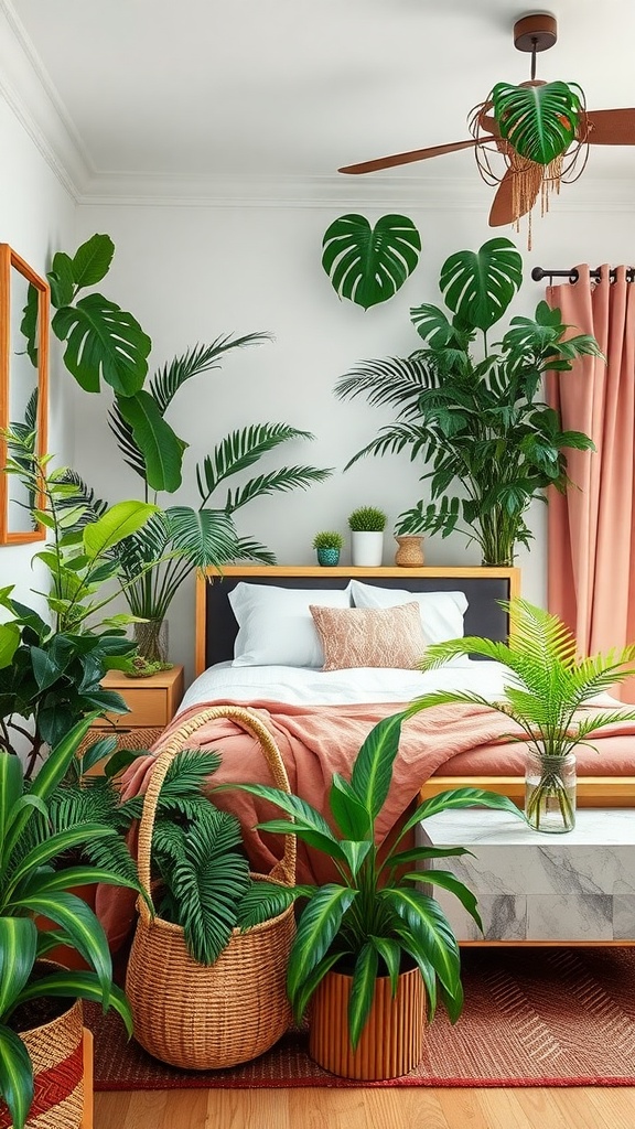 A bright summer bedroom filled with tropical plants, featuring large monstera leaves and decorative baskets.