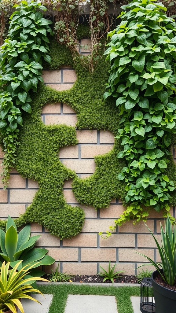 Vertical garden featuring turf and various green plants on a textured wall