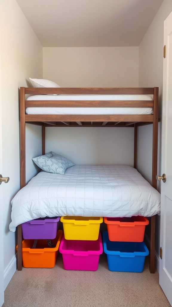 A small guest bedroom with a lofted bed and colorful storage bins underneath.