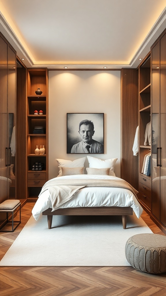 A modern walk-in wardrobe featuring tall wooden cabinets, a bed, and decorative elements.
