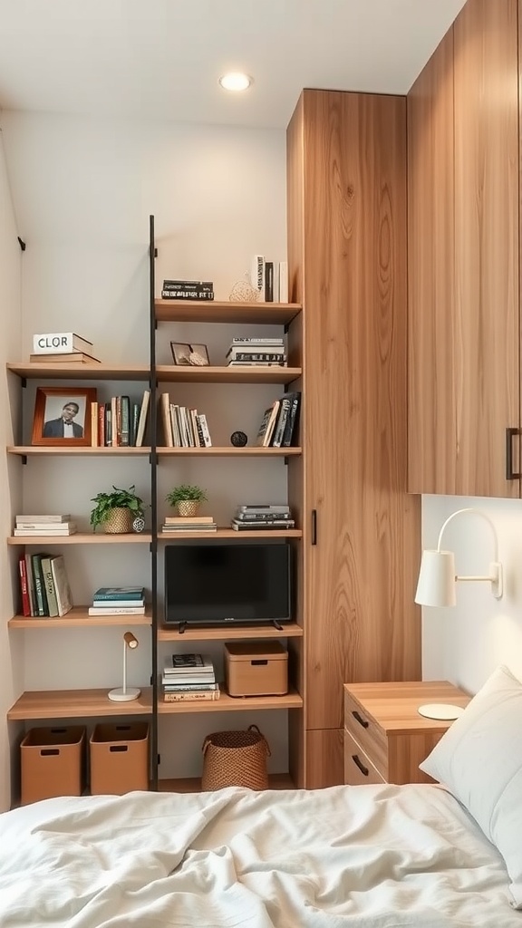A small bedroom with vertical storage solutions including shelves and a cabinet.