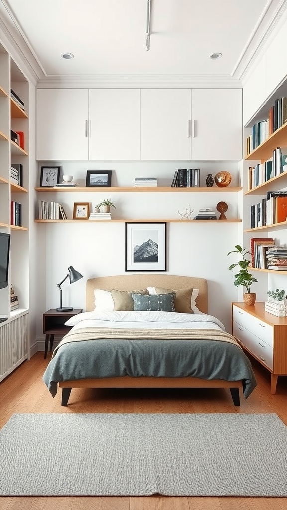 A cozy bedroom featuring vertical storage solutions with shelves and cabinets.