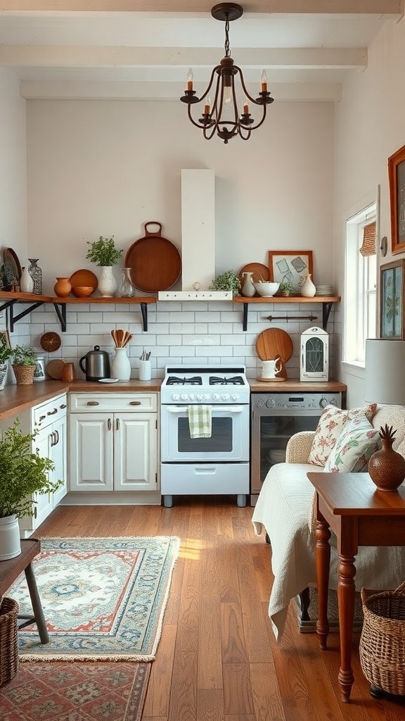 A cozy tiny farmhouse kitchen featuring vintage decor, wooden shelves with pottery, a classic stove, and a patterned rug.