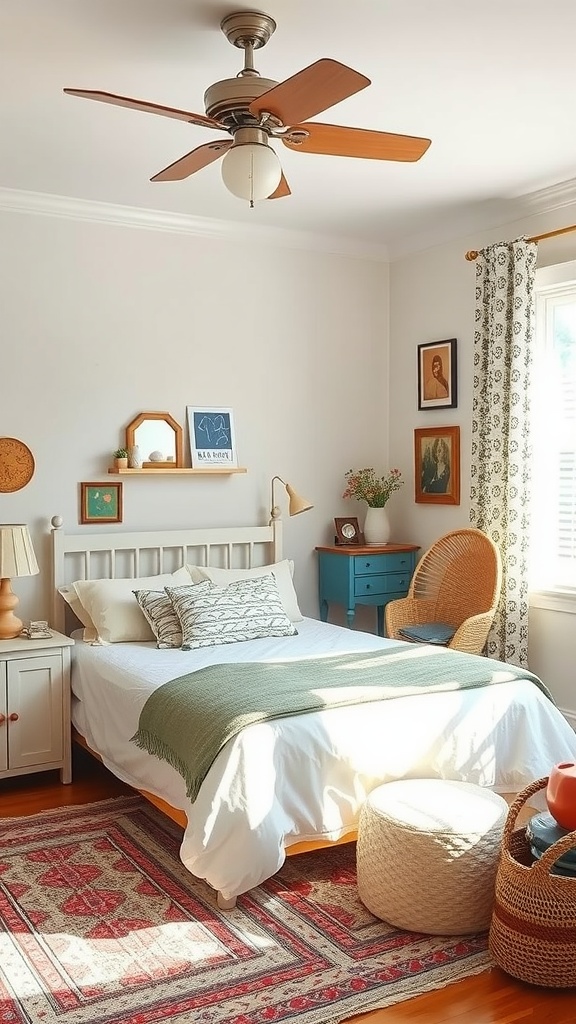 A cozy summer bedroom featuring vintage elements, including a wooden bed, woven chair, colorful rug, and decorative wall art.