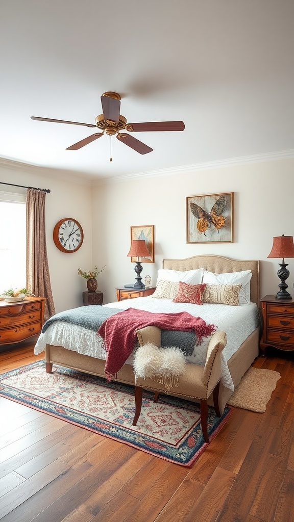 A cozy primary bedroom featuring vintage elements, including wooden furniture, a patterned rug, and vintage lamps.
