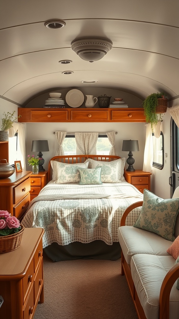 A cozy RV interior featuring vintage-style decor with warm wood tones, patterned bedding, and decorative plants.