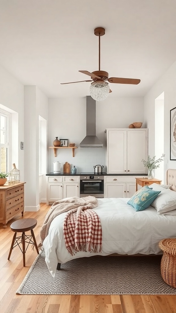 A cozy kitchen extension featuring vintage elements like wooden furniture and a classic ceiling fan.