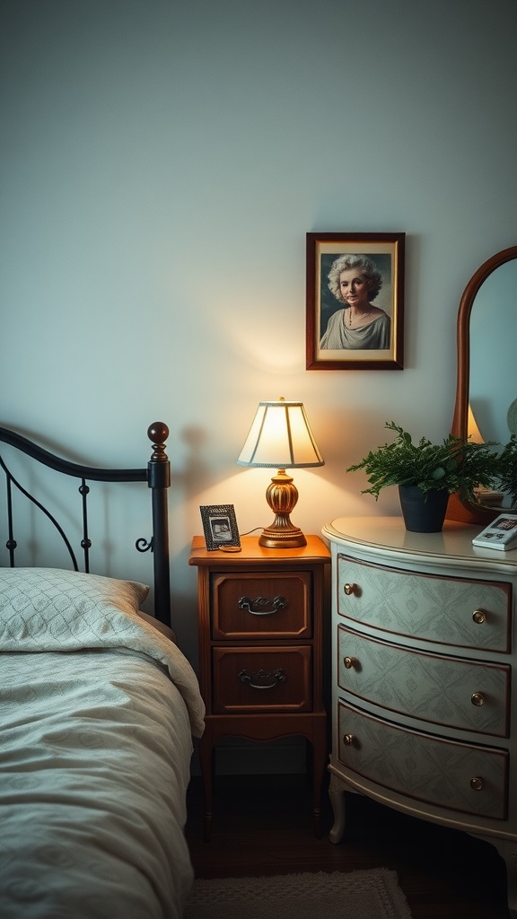 A cozy small bedroom featuring vintage furniture, including a bed, bedside table, lamp, and dresser.