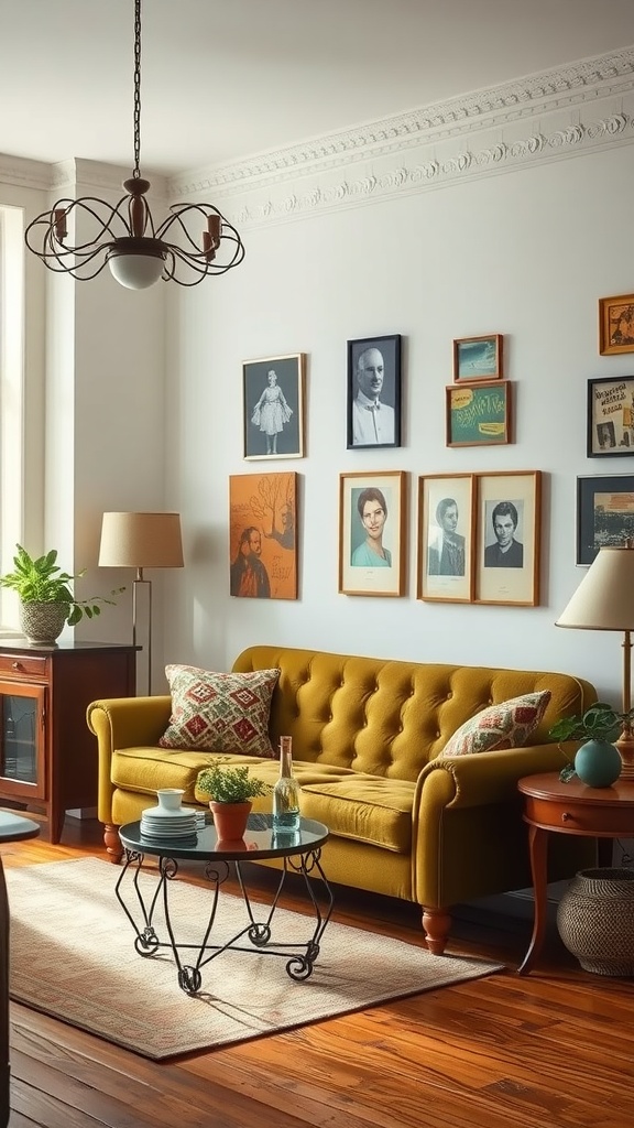 A cozy living room featuring an olive green couch, vintage artwork on the walls, and a stylish coffee table.