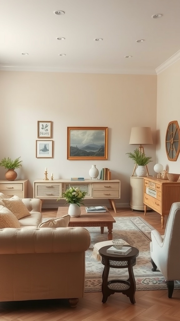 A cozy beige living room with vintage furniture and decor.