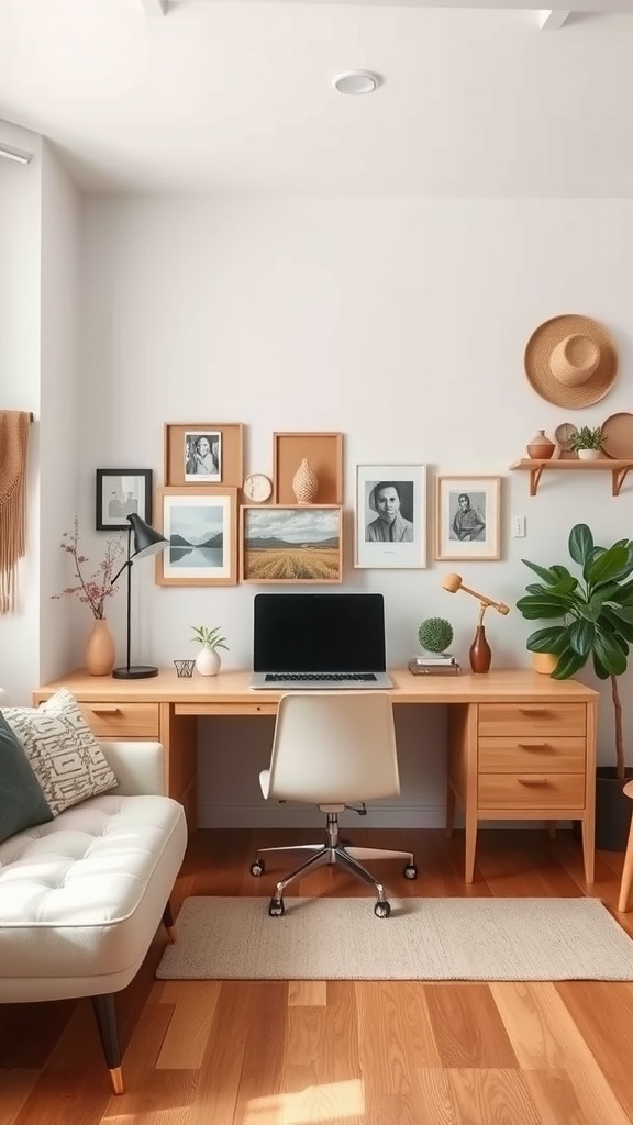 A minimalist workspace featuring a wooden desk, framed pictures on the wall, and plants, creating a cozy and inviting atmosphere.