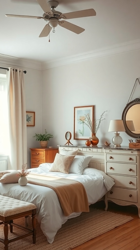 A chic bedroom featuring vintage furniture and decor, with a cozy atmosphere.
