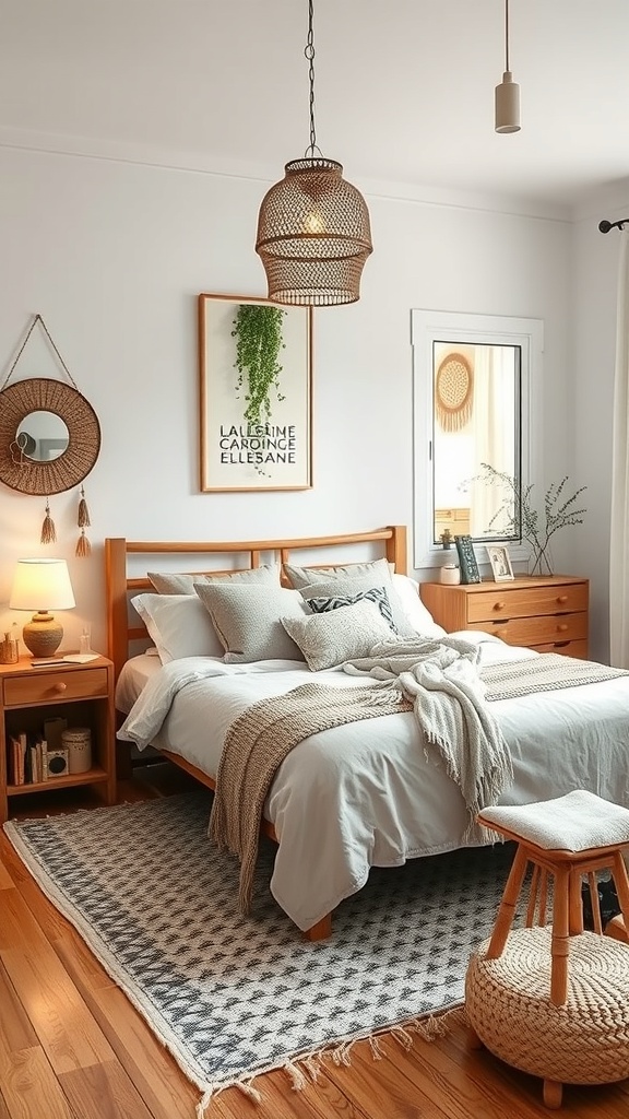 A cozy Scandinavian boho bedroom featuring a wooden bed, woven pendant light, and decorative accents.