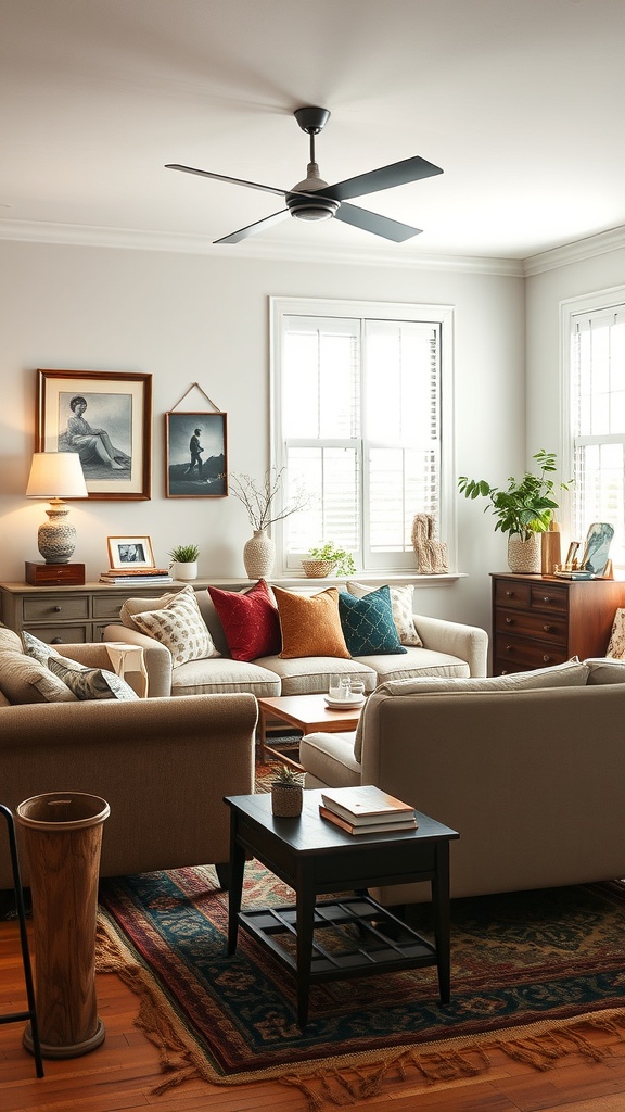 Cozy living room with vintage decor, featuring soft furniture, colorful cushions, and framed artwork.