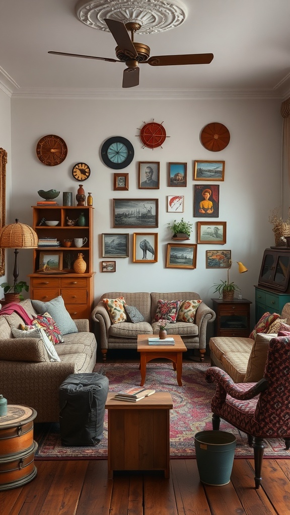 A cozy vintage-inspired living room with mixed seating, vintage wall art, and wooden accents.
