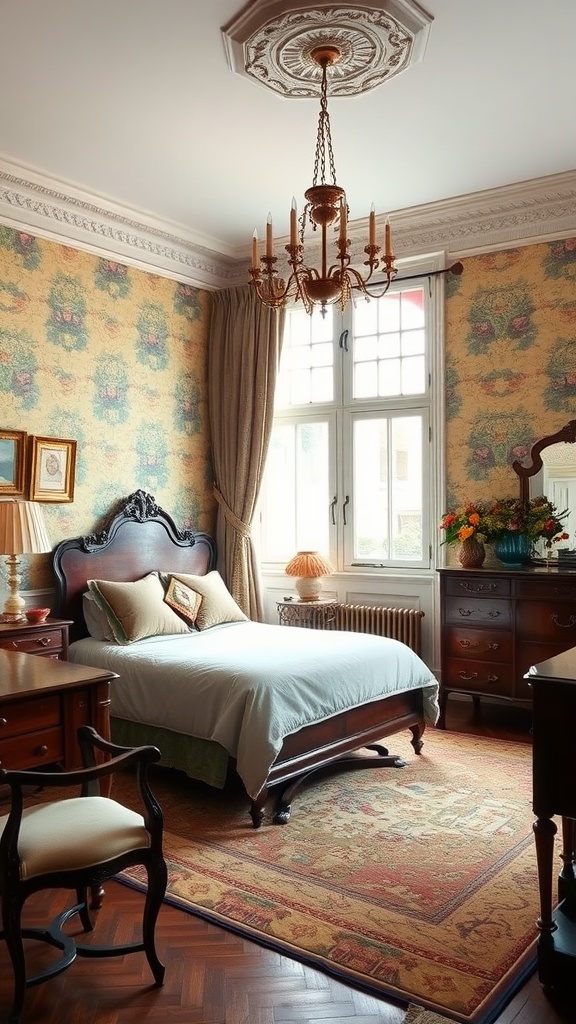 A vintage bedroom featuring a wooden bed, chandelier, patterned wallpaper, and floral decor.
