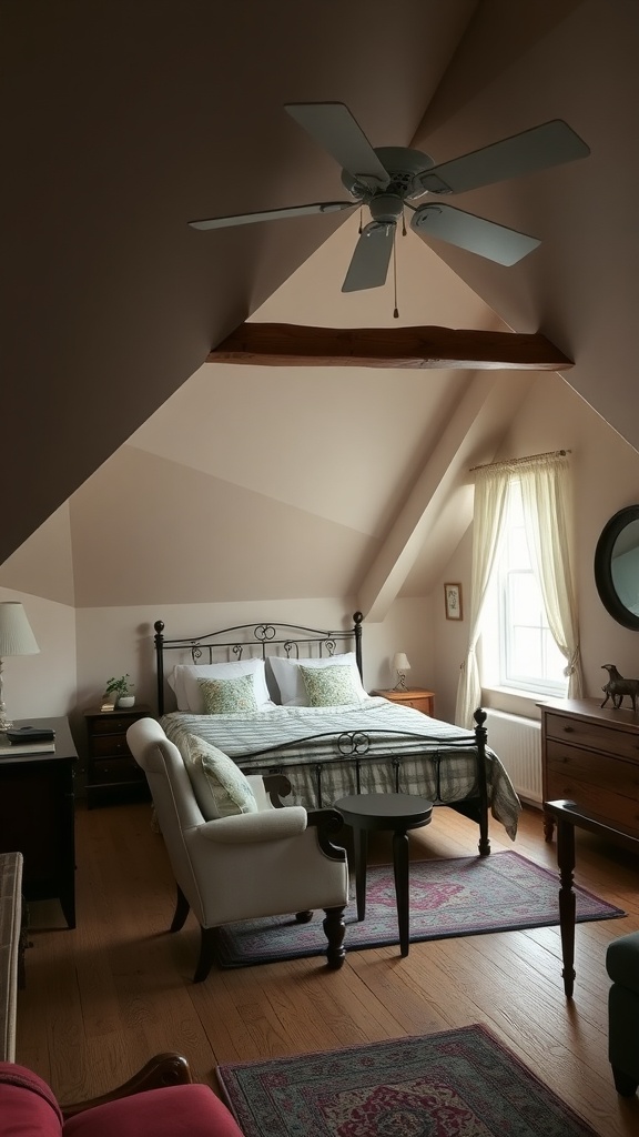 Cozy attic bedroom with angled ceilings featuring vintage furniture, including a bed, armchairs, and a small table.
