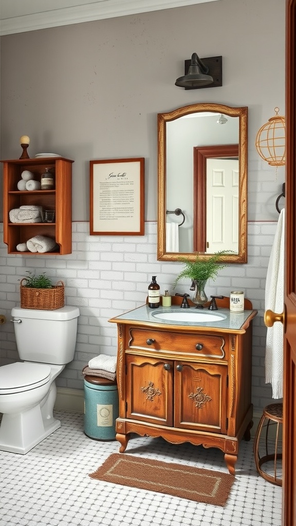 A rustic bathroom featuring a vintage wooden vanity, a mirror, and neatly arranged towels.